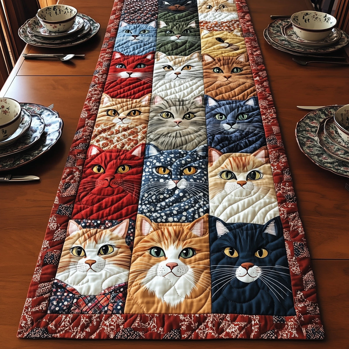 Cats in Red and Blue Columns Table Runner