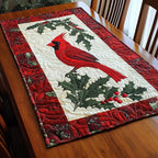 Cardinal on Holly with Red Border Table Runner