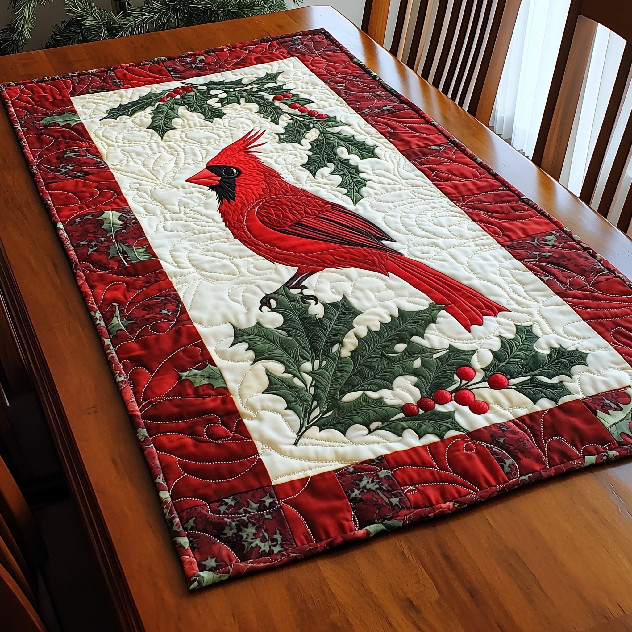 Cardinal on Holly with Red Border Table Runner