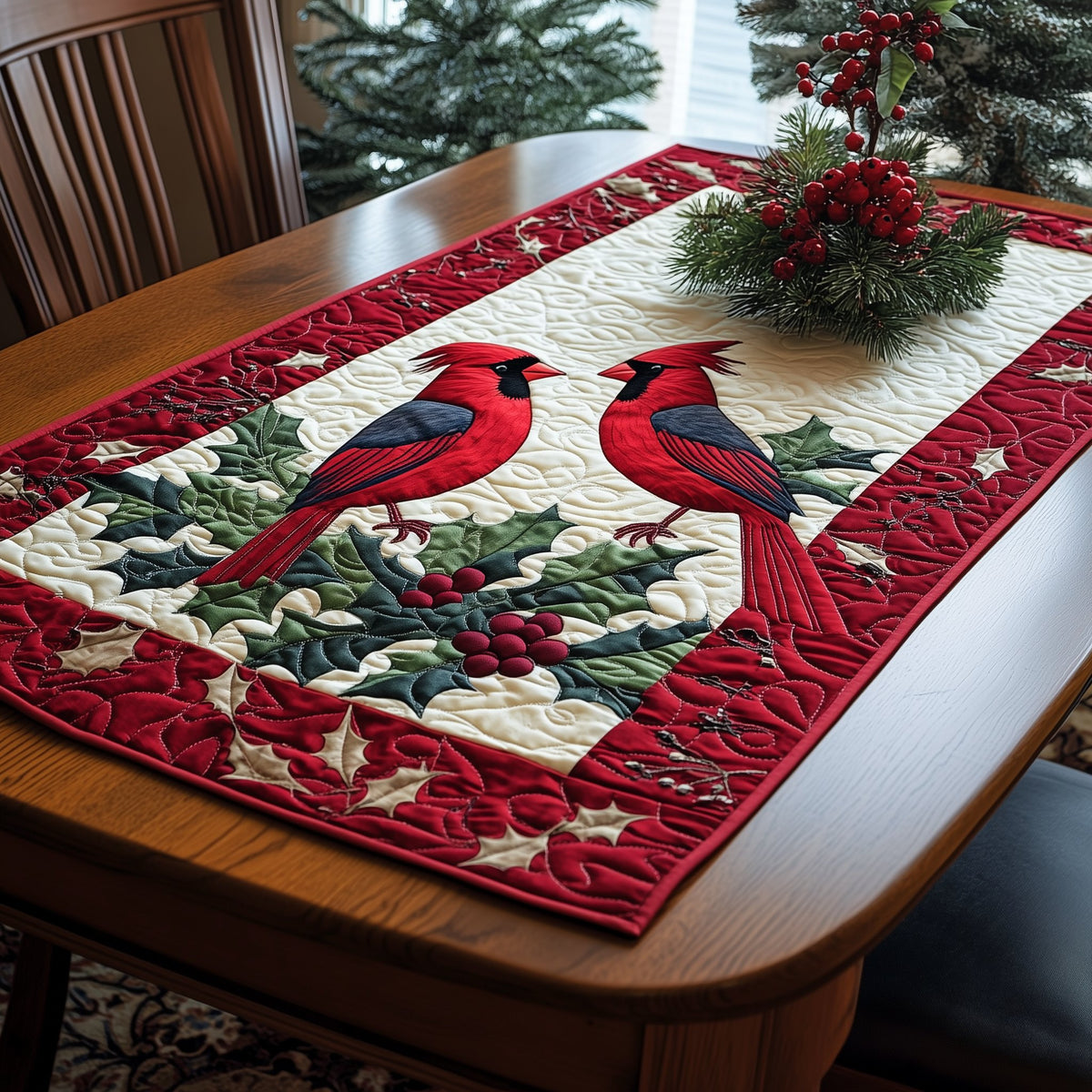 Two Cardinals on Snowy Holly Table Runner