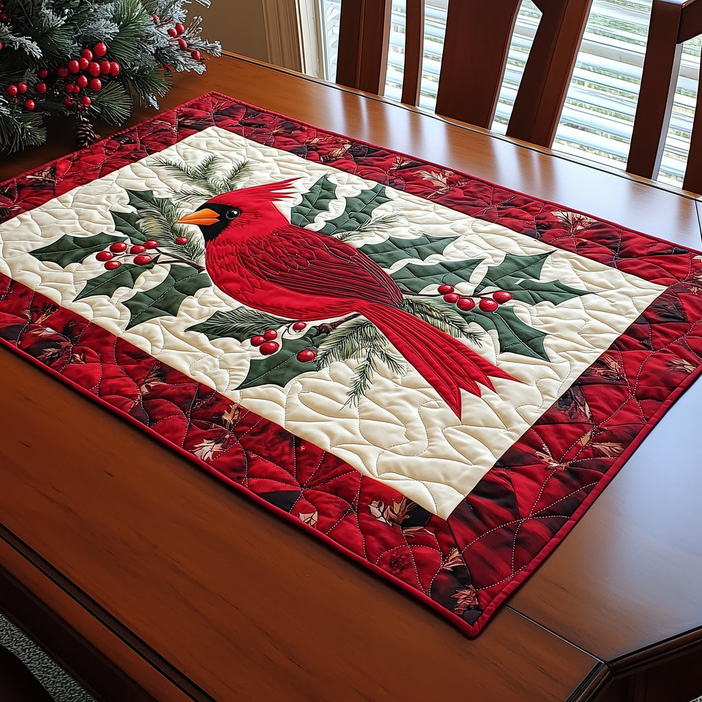 Cardinal on Holly Branch with Berries Table Runner