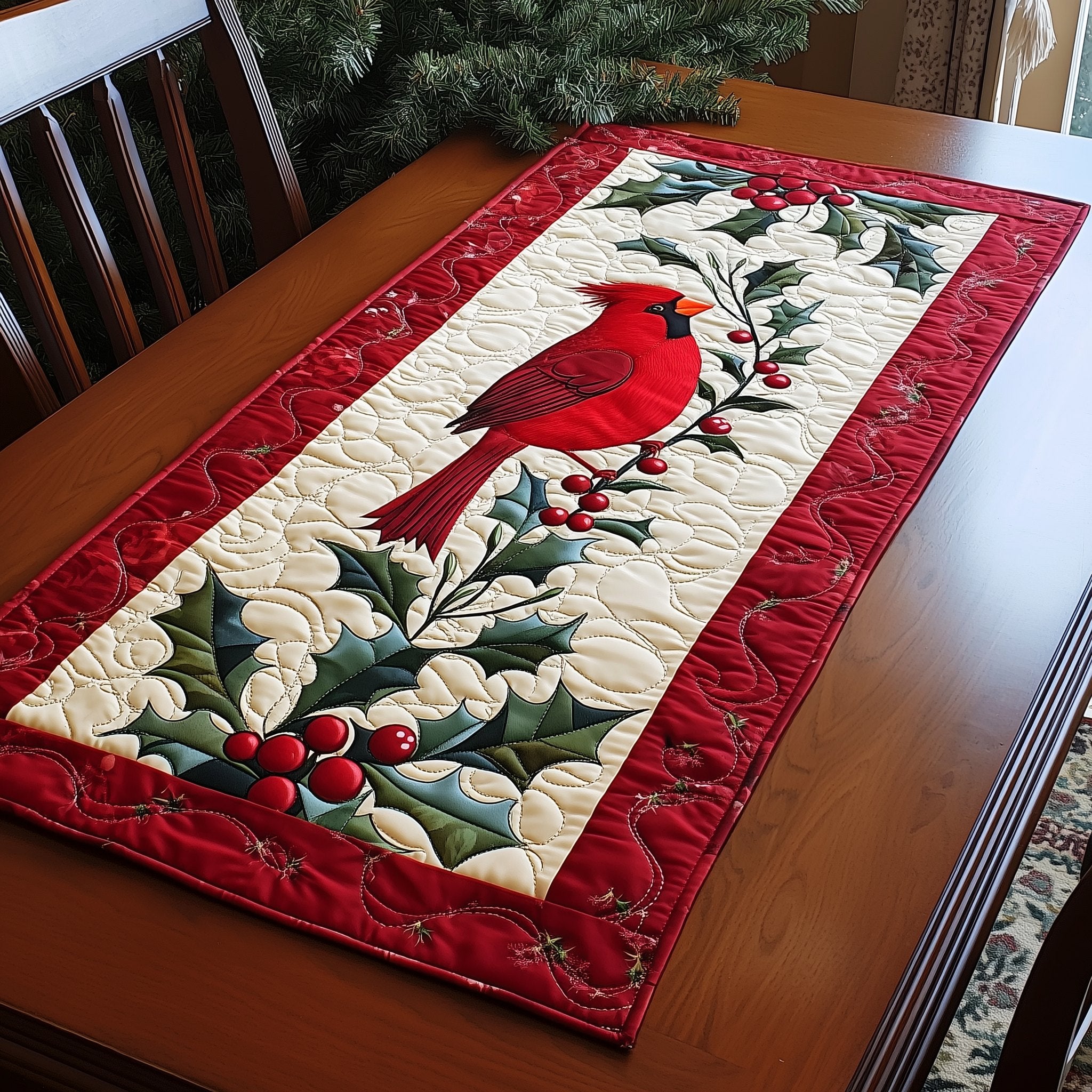 Cardinal on Holly with Poinsettia Table Runner