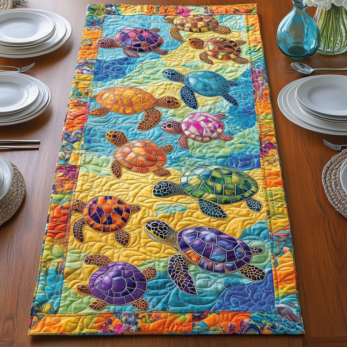 Bright Turtles on Yellow Reef Table Runner