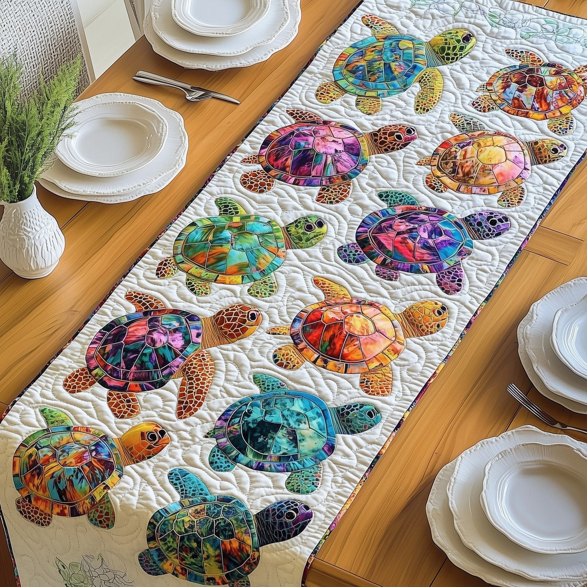 Mosaic Turtles on Cream Panel Table Runner