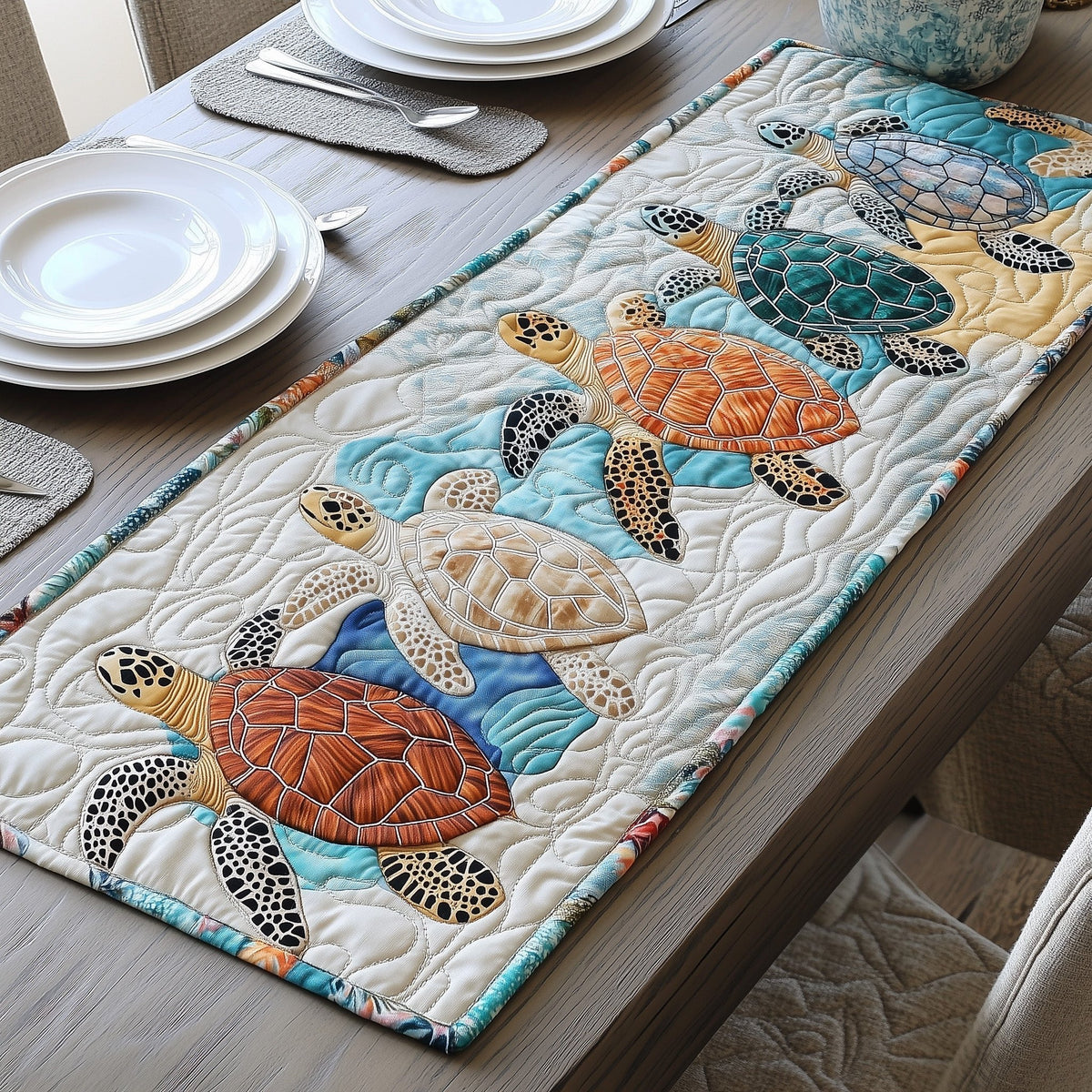 Brown and Blue Turtles on Ivory Table Runner