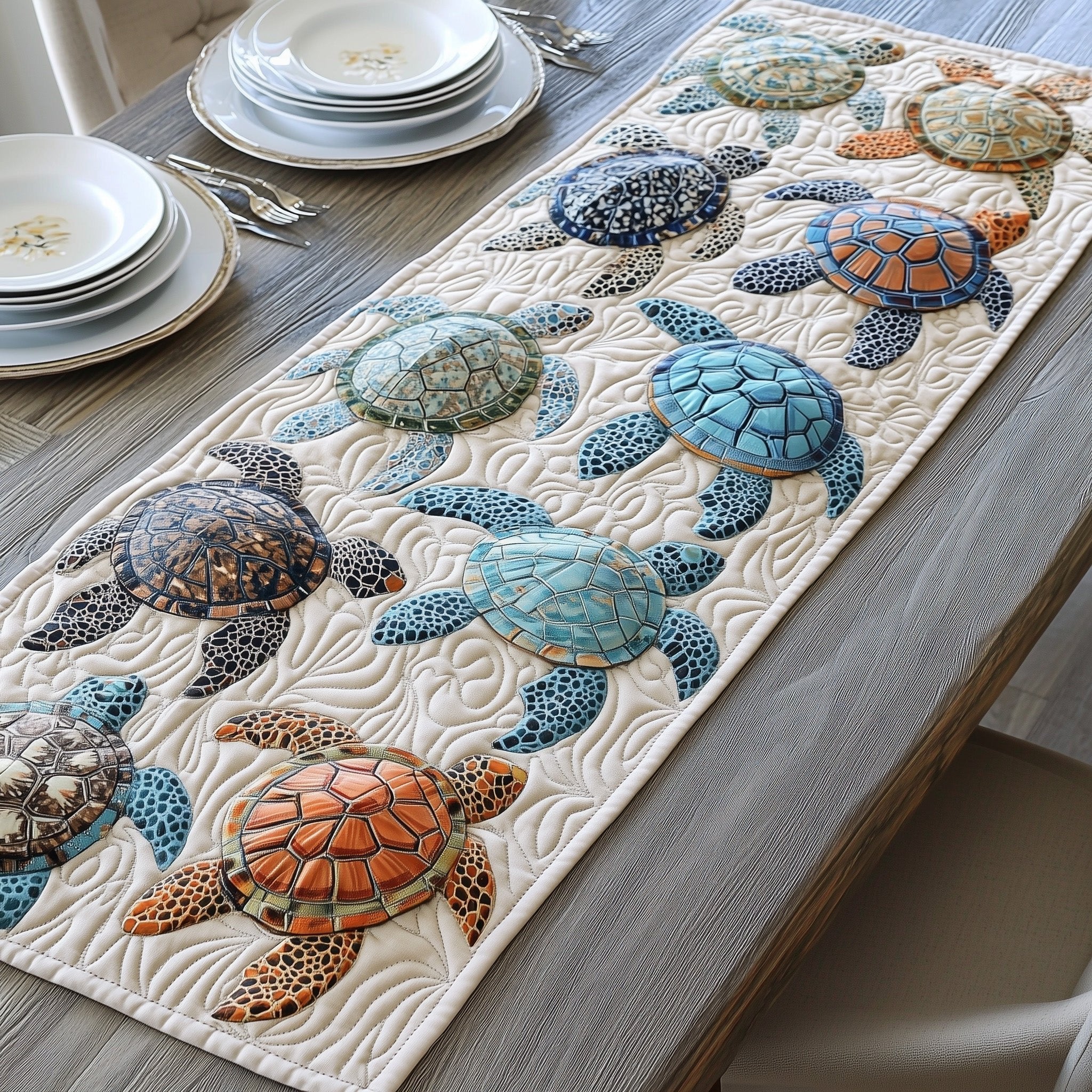 Speckled Turtles Swimming on Cream Table Runner
