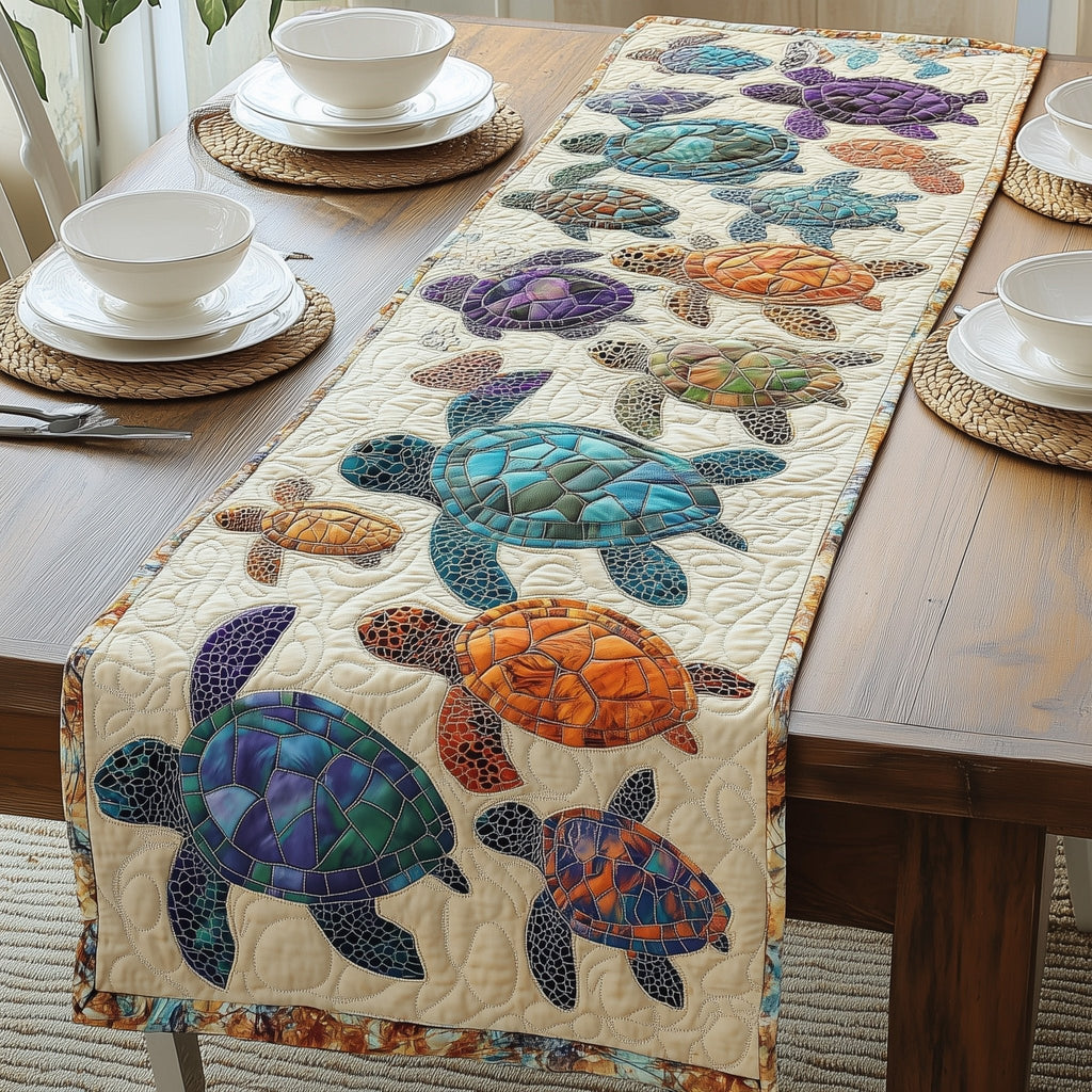 Purple and Orange Turtles on Cream Table Runner