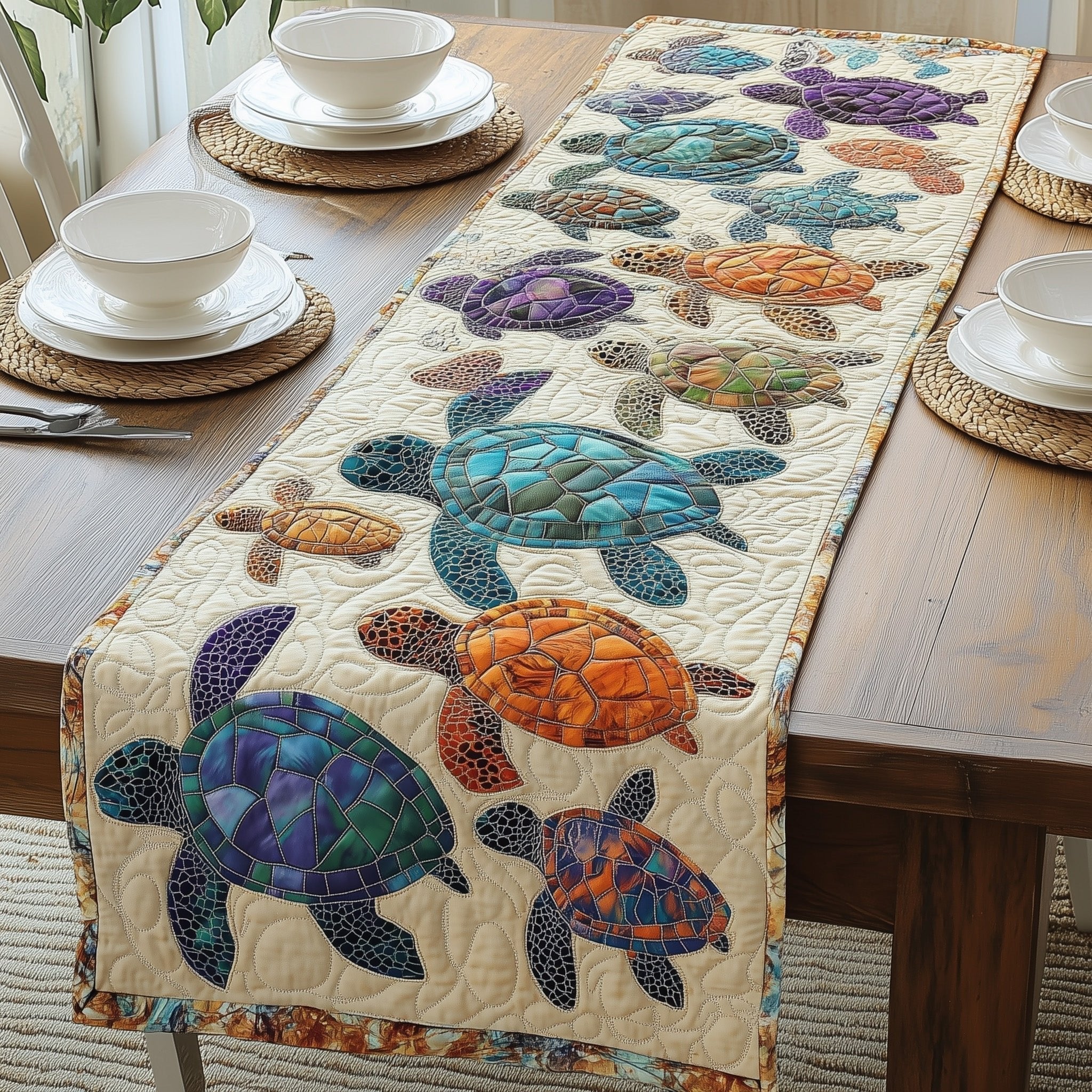 Purple and Orange Turtles on Cream Table Runner