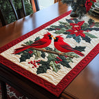 Two Cardinals Facing on Holly Table Runner