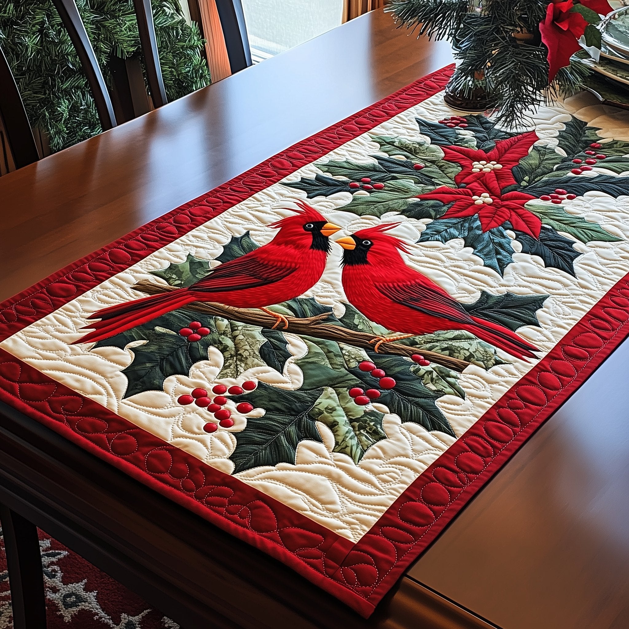 Two Cardinals Facing on Holly Table Runner