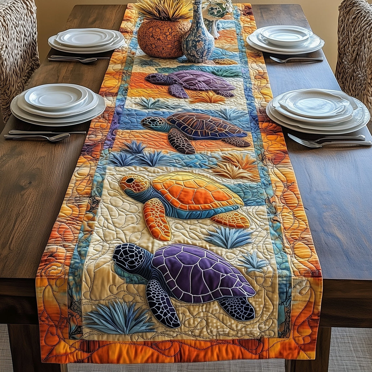 Turtles with Orange Sunset Border Table Runner