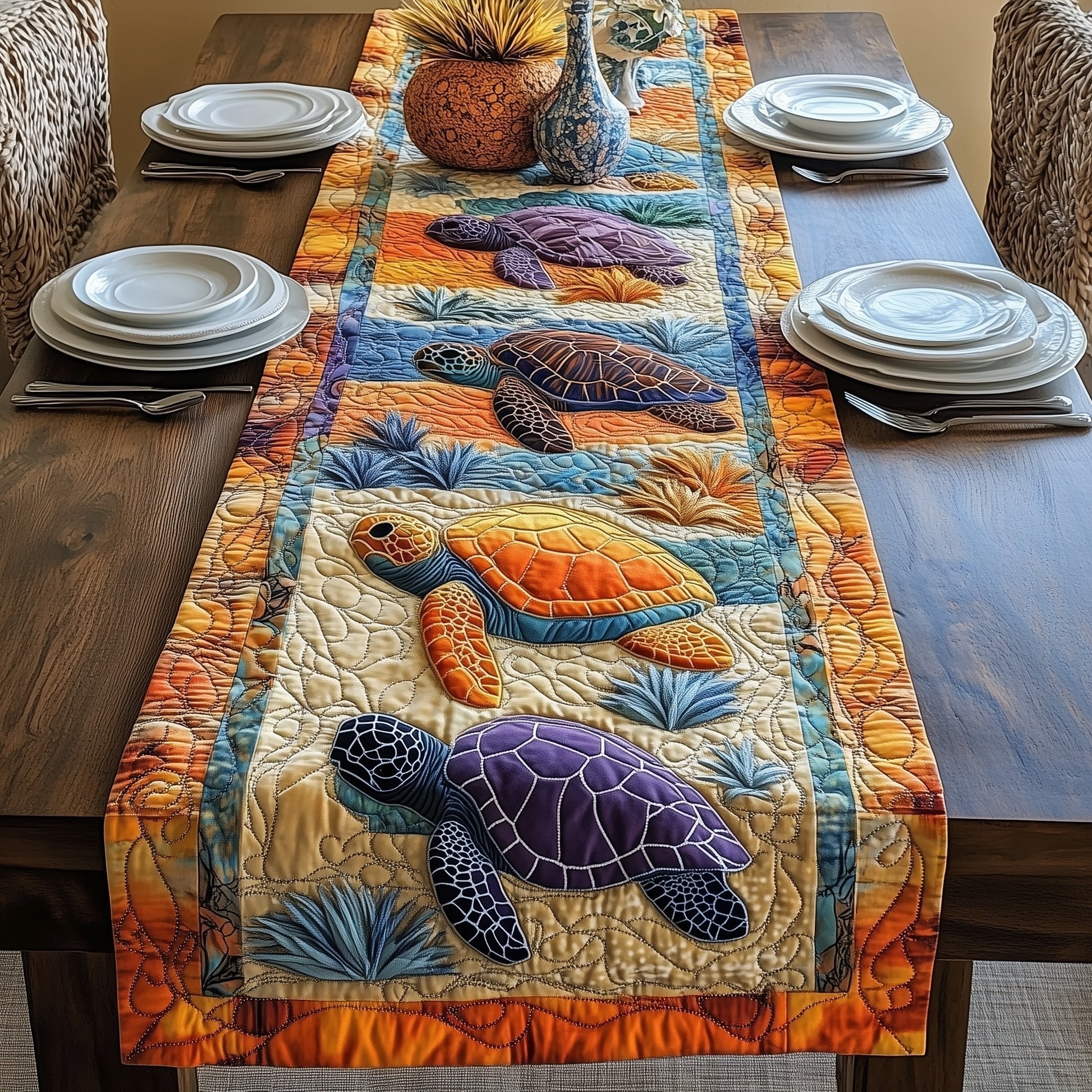 Turtles with Orange Sunset Border Table Runner