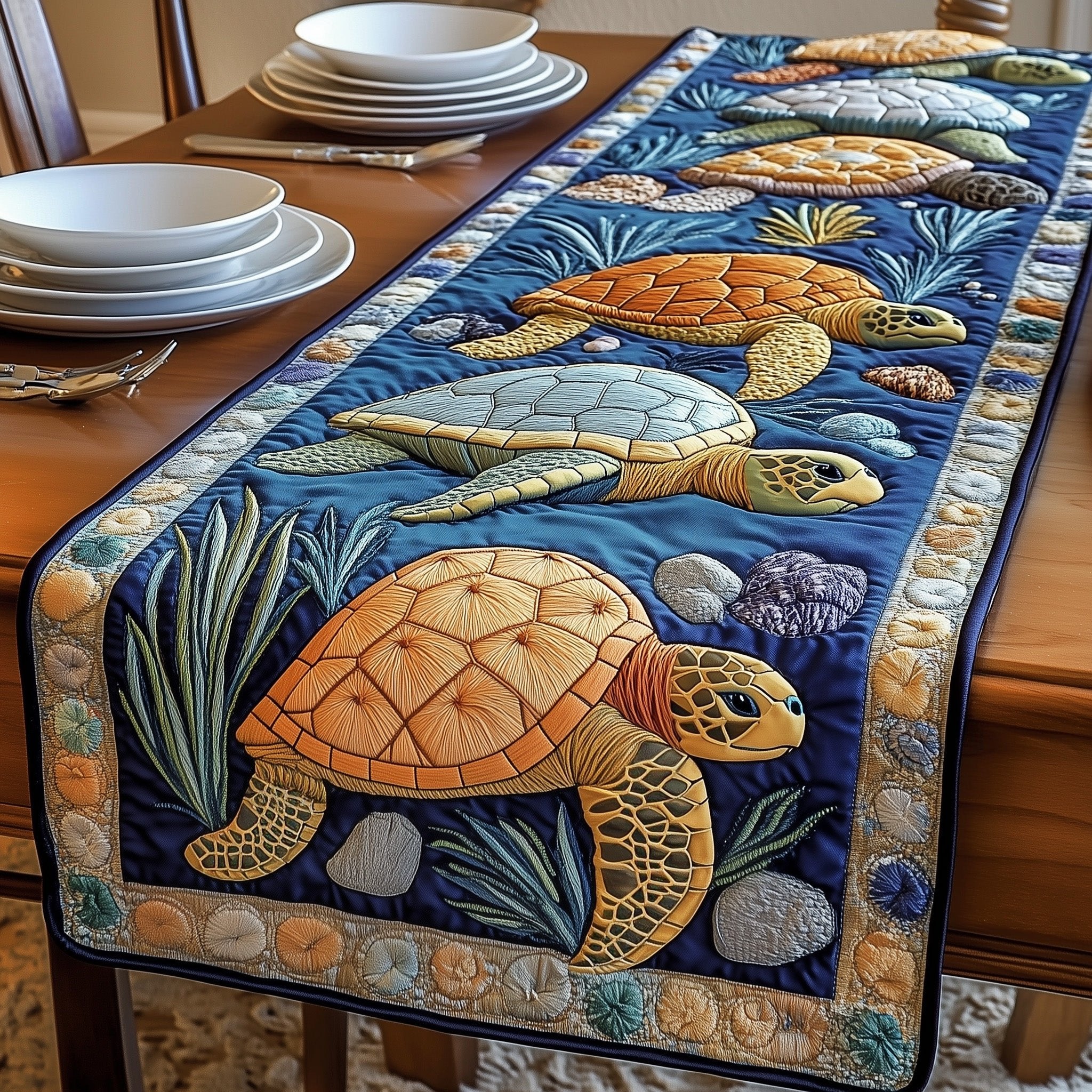 Turtles Among Seagrass and Stones Table Runner