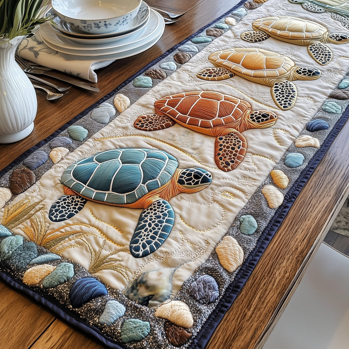 Turtles with Shells on Cream Sand Table Runner