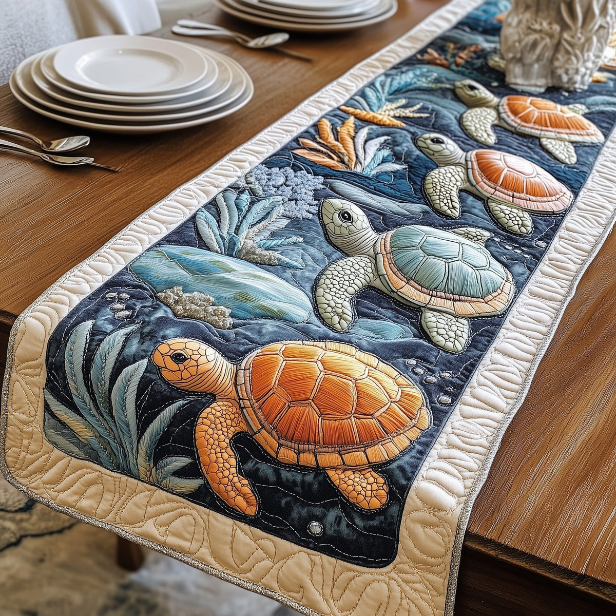 Three Turtles in Icy Blue Water Table Runner