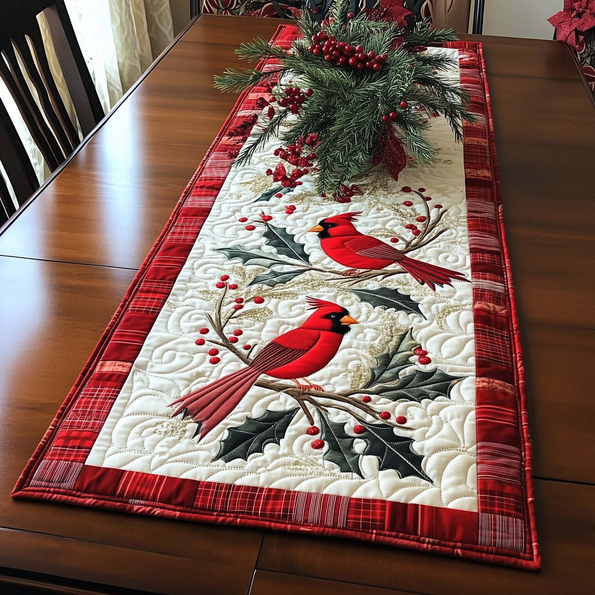 Two Cardinals on Red Plaid Border Table Runner
