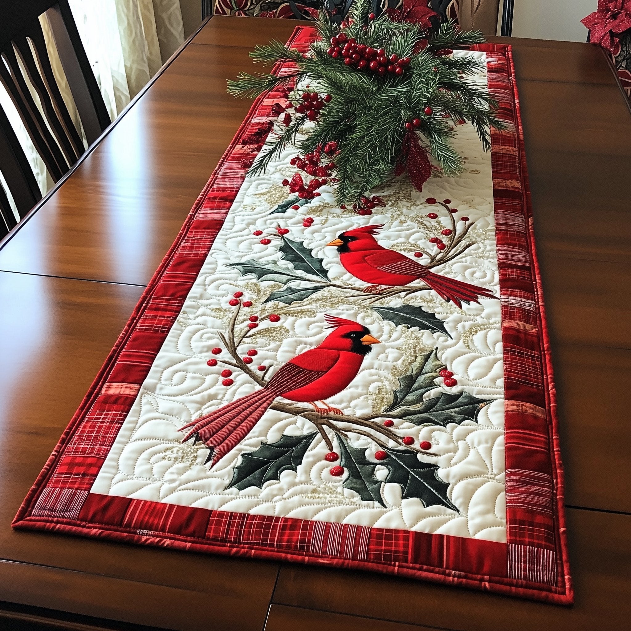 Two Cardinals on Red Plaid Border Table Runner