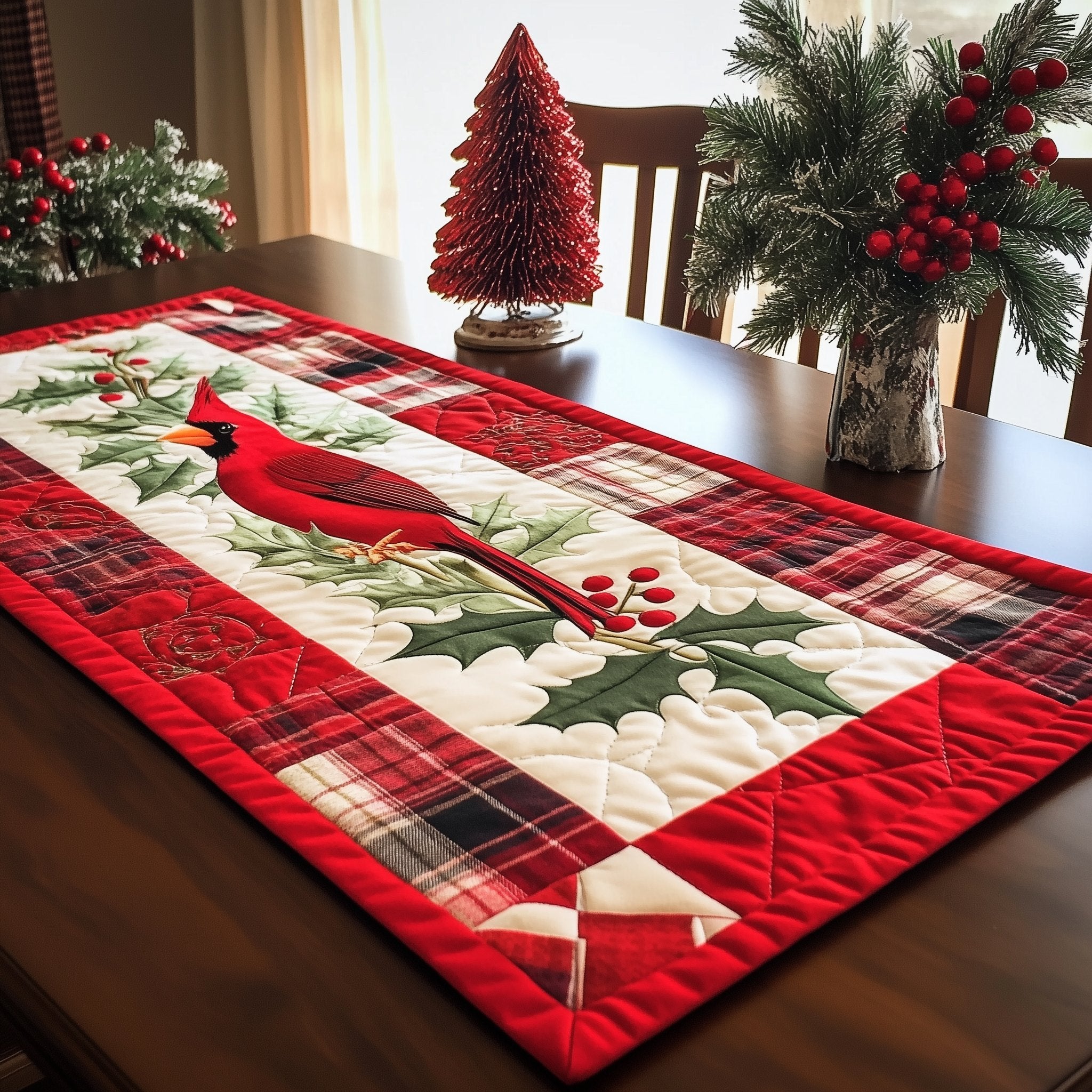 Cardinal on Red Tartan Border Table Runner
