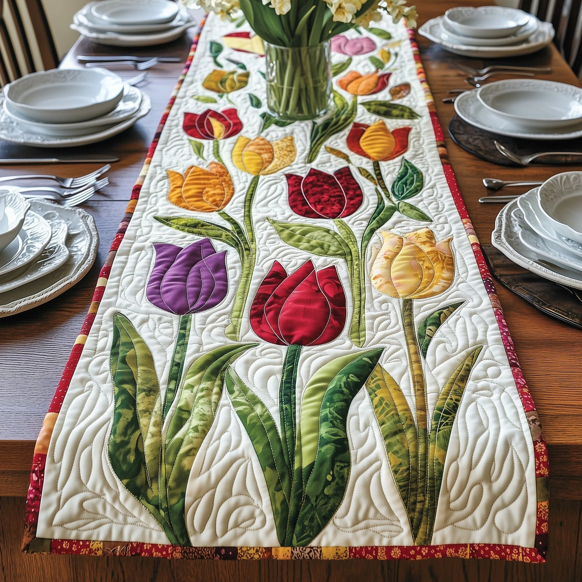 Tulips on Cream with Red Border Table Runner