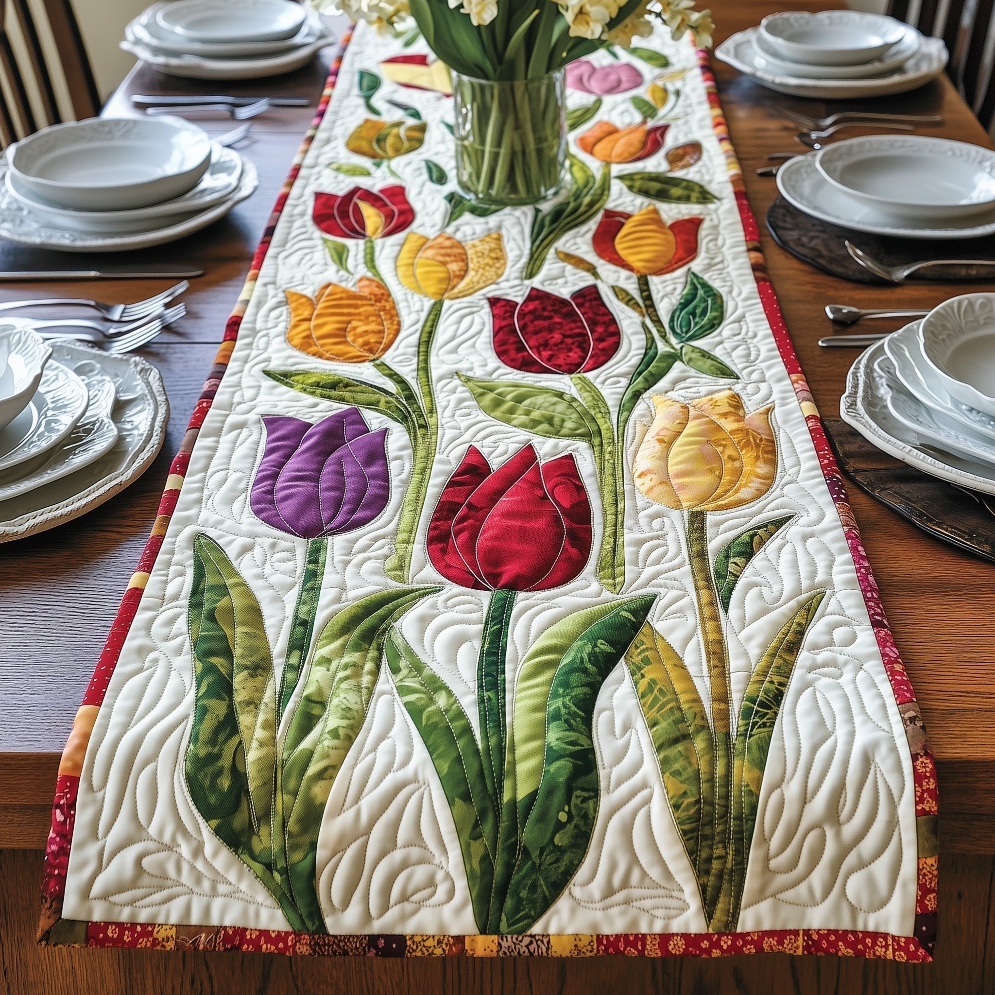Tulips on Cream with Red Border Table Runner