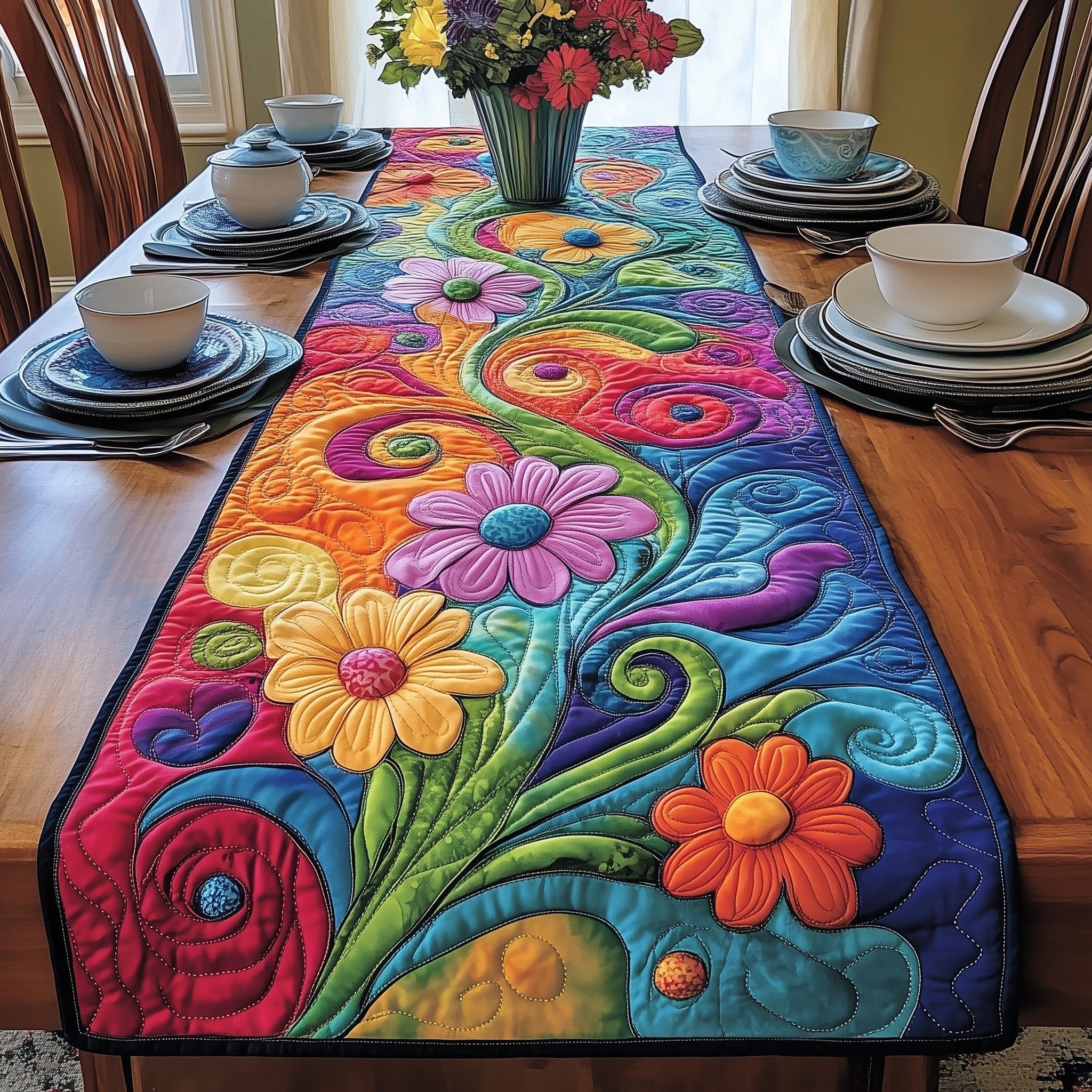 Bright Daisies on Swirling Blue Table Runner