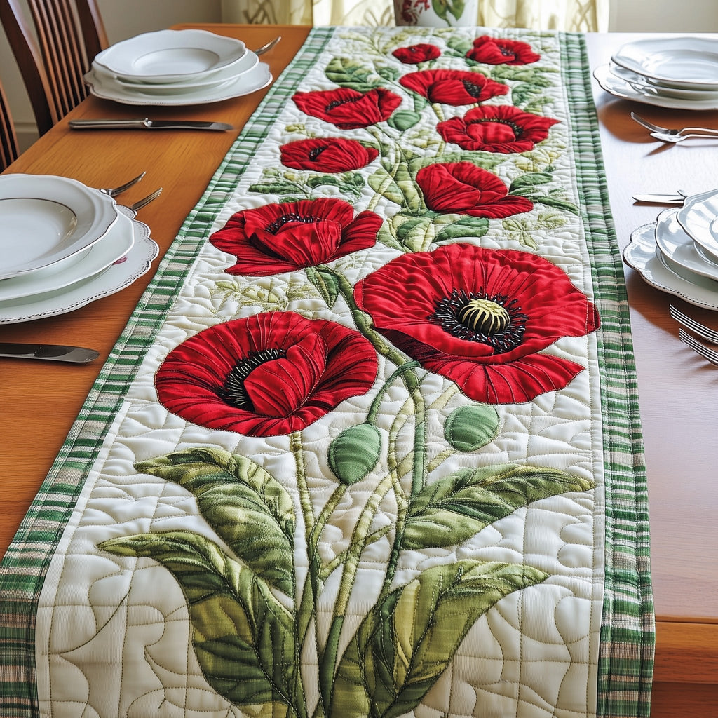 Red Poppies on Cream Panel Table Runner