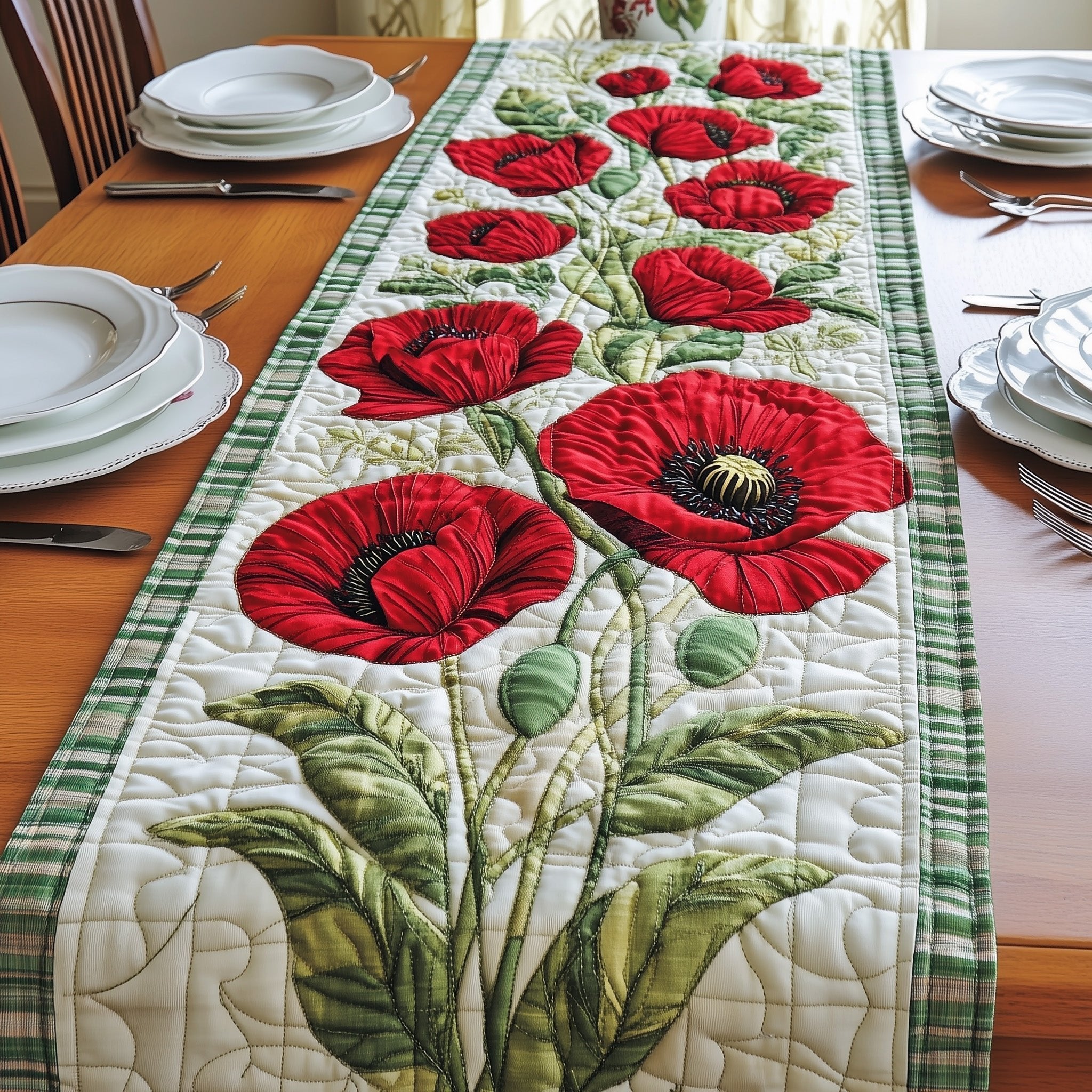 Red Poppies on Cream Panel Table Runner