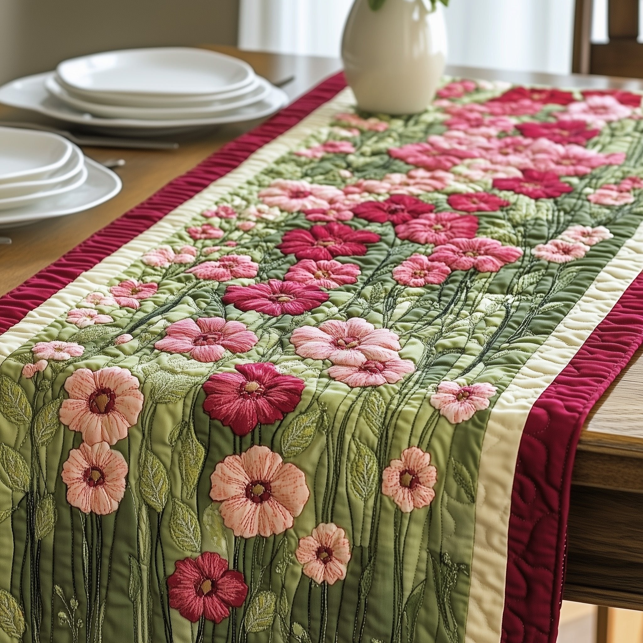Pink Cosmos Field on Green Table Runner
