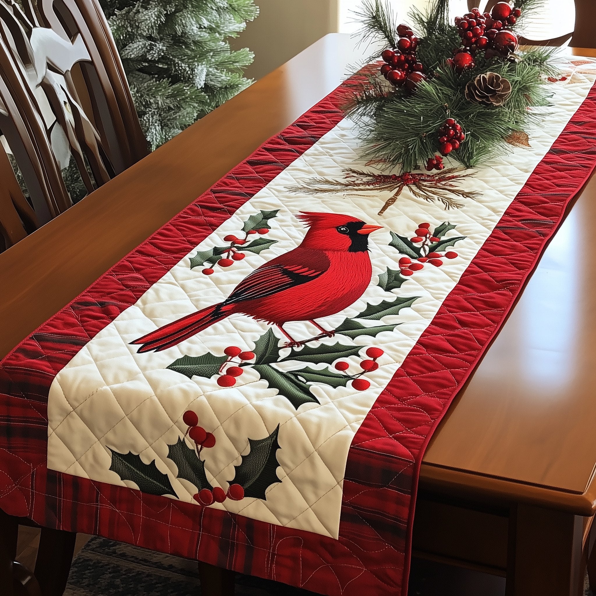 Cardinal with Holly on Cream Table Runner