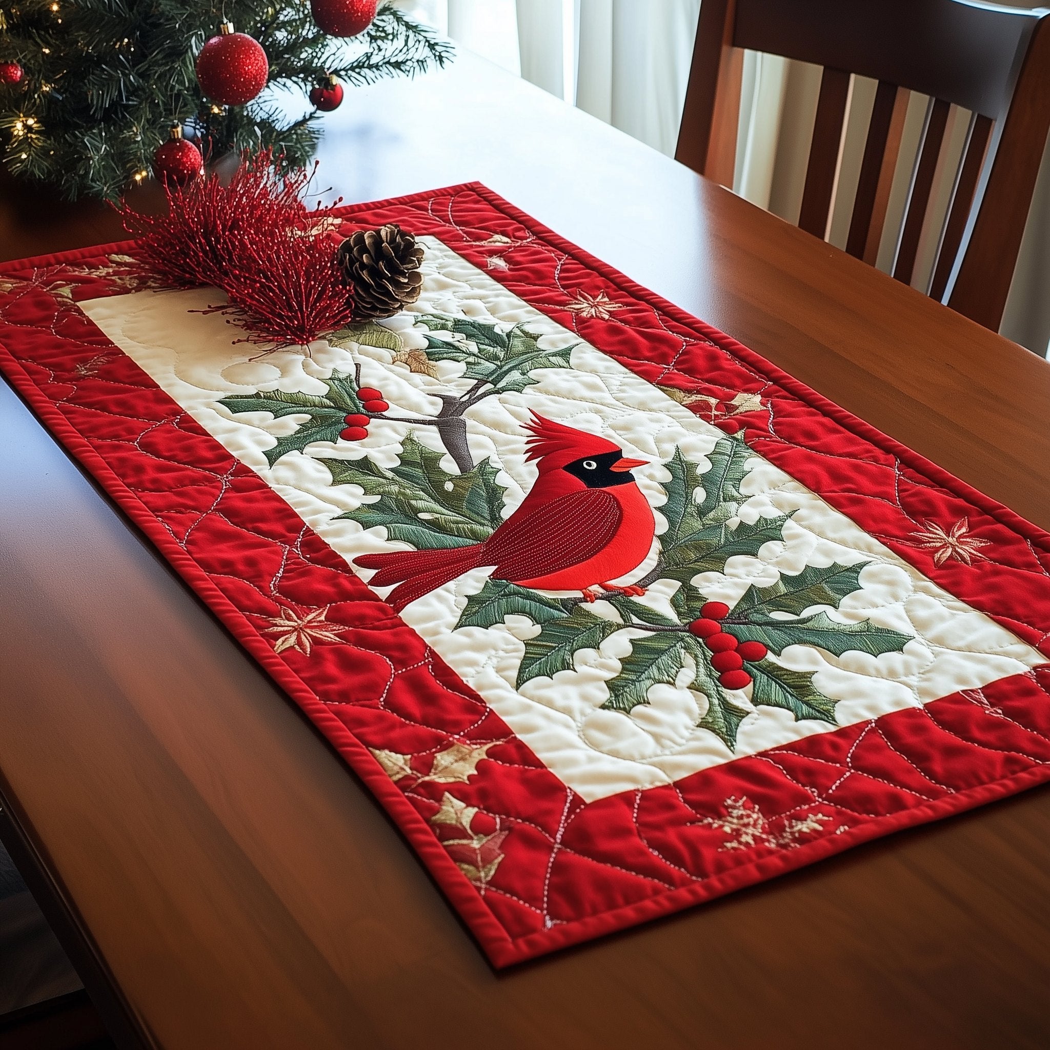 Cardinal on Pine with Snowflakes Table Runner