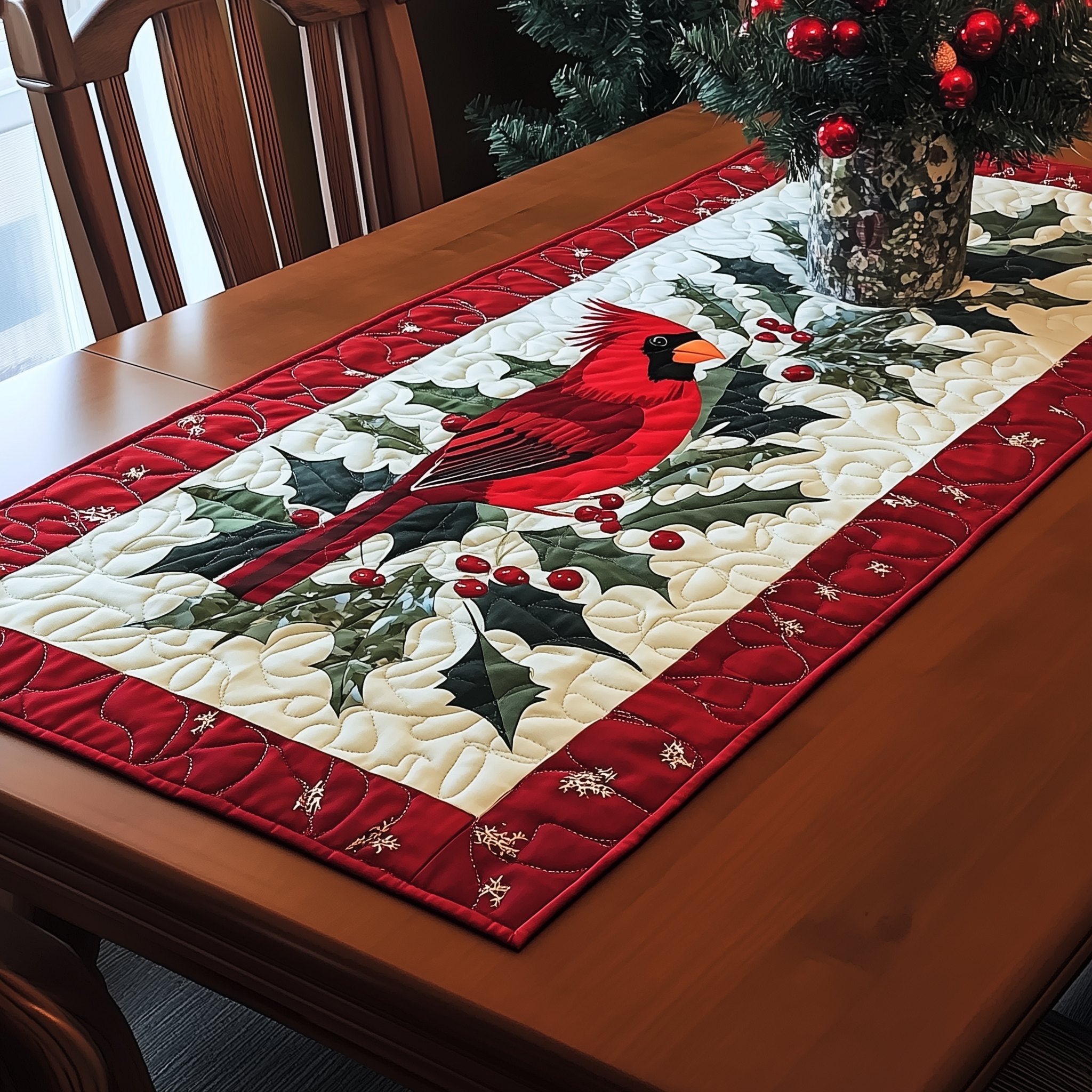 Cardinal Among Holly Leaves Table Runner