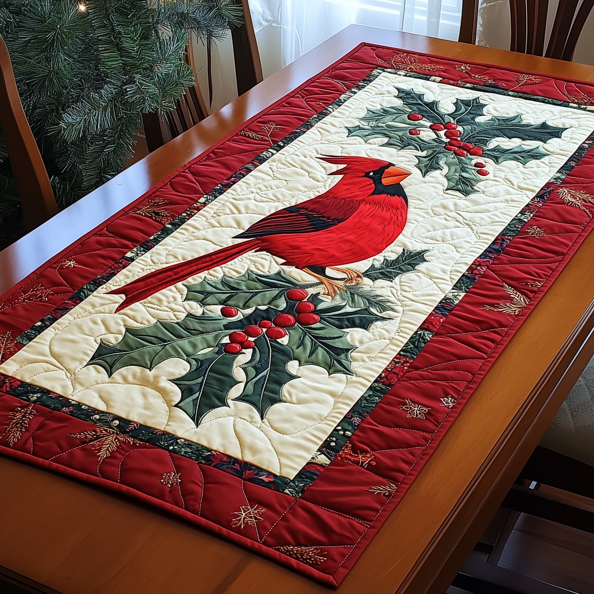 Cardinal on Snowy Holly Panel Table Runner