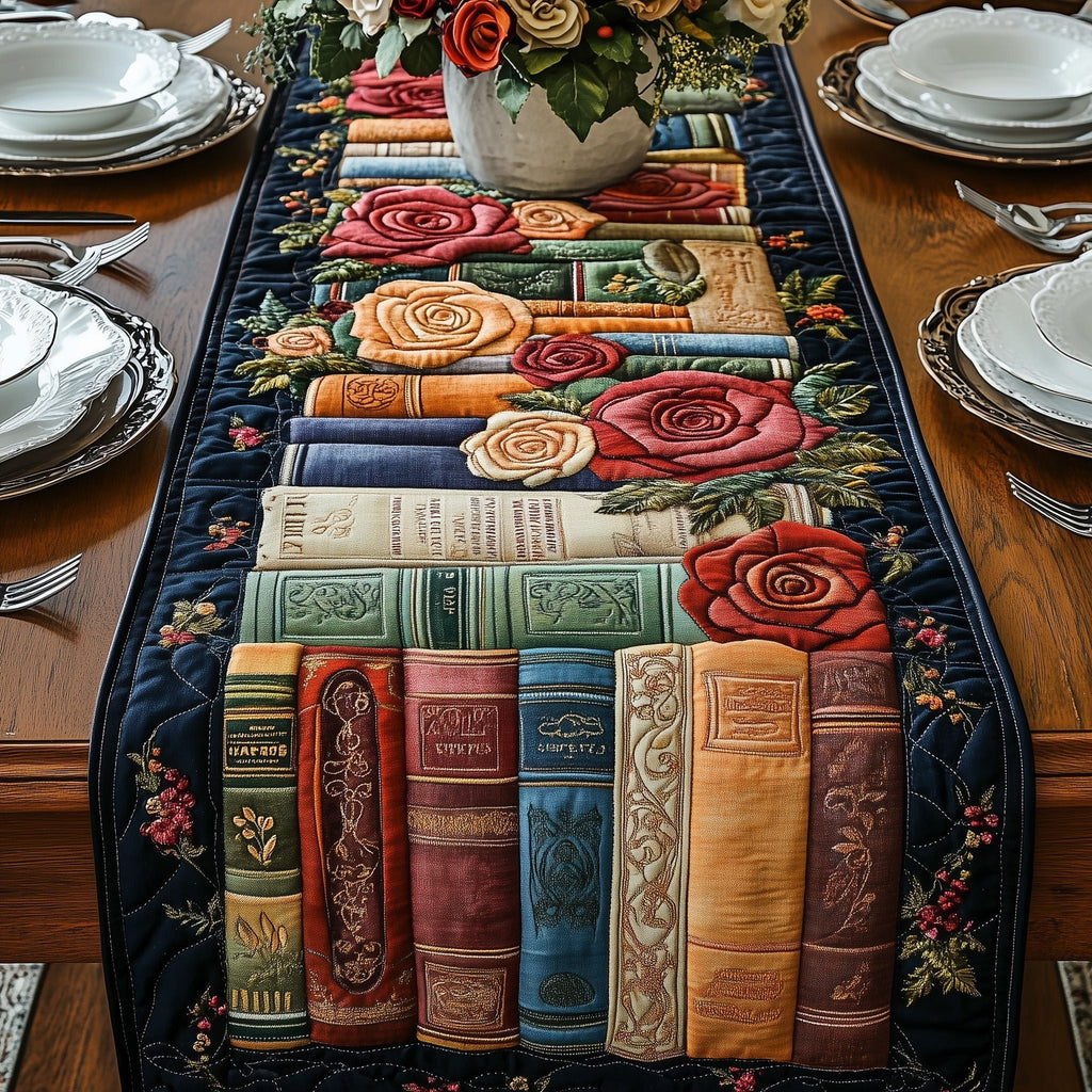 Bookshelf with Roses and Ribbons Table Runner