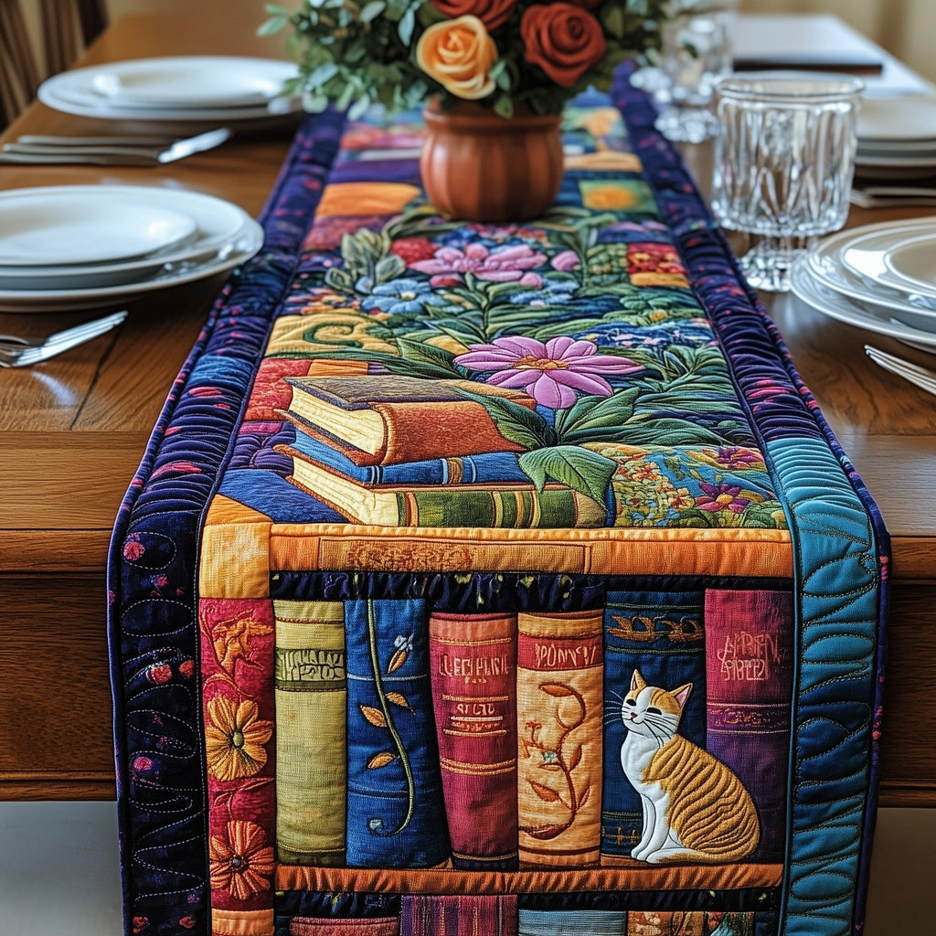 Cat Beside Books and Flowers Table Runner
