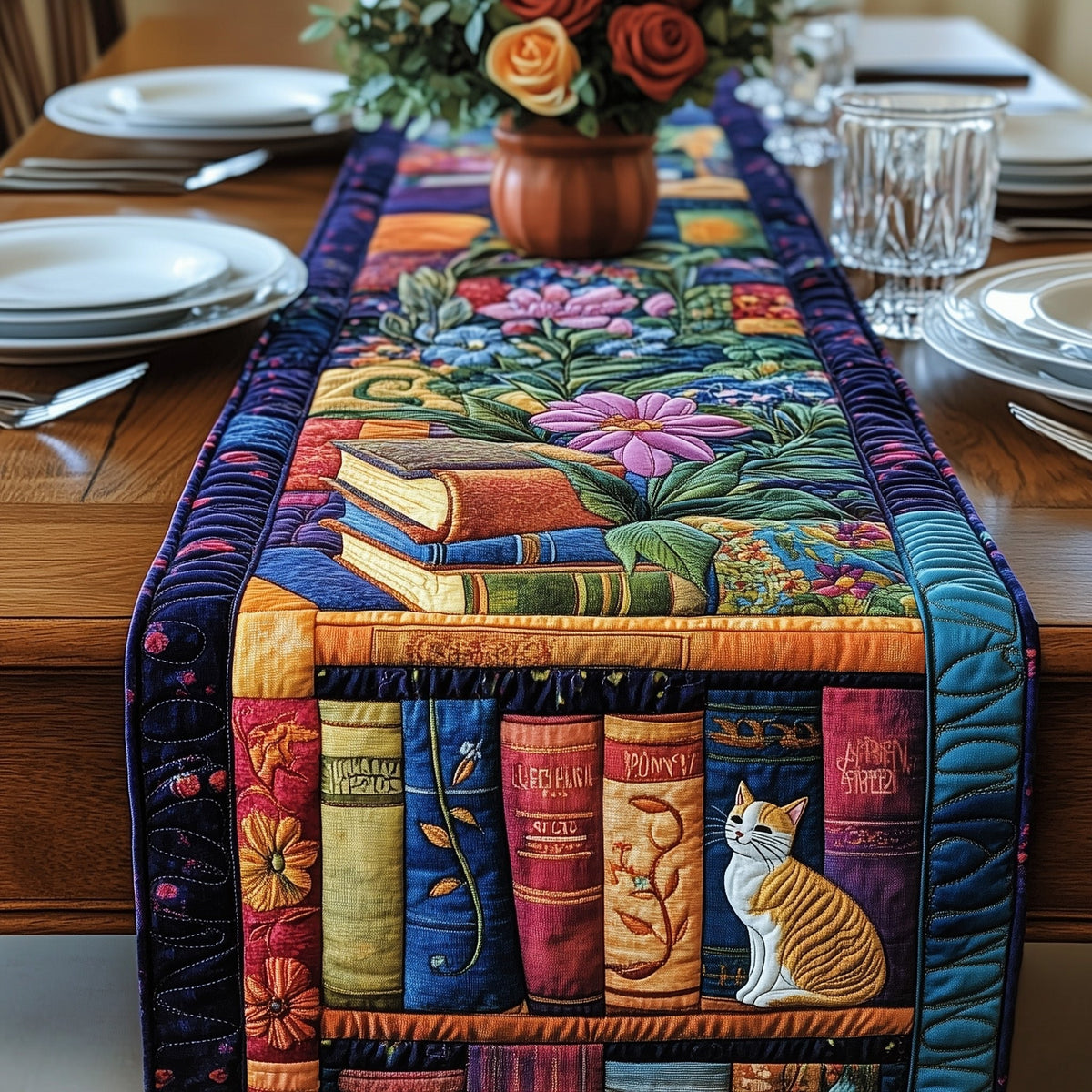 Cat Beside Books and Flowers Table Runner