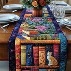 Cat Beside Books and Flowers Table Runner