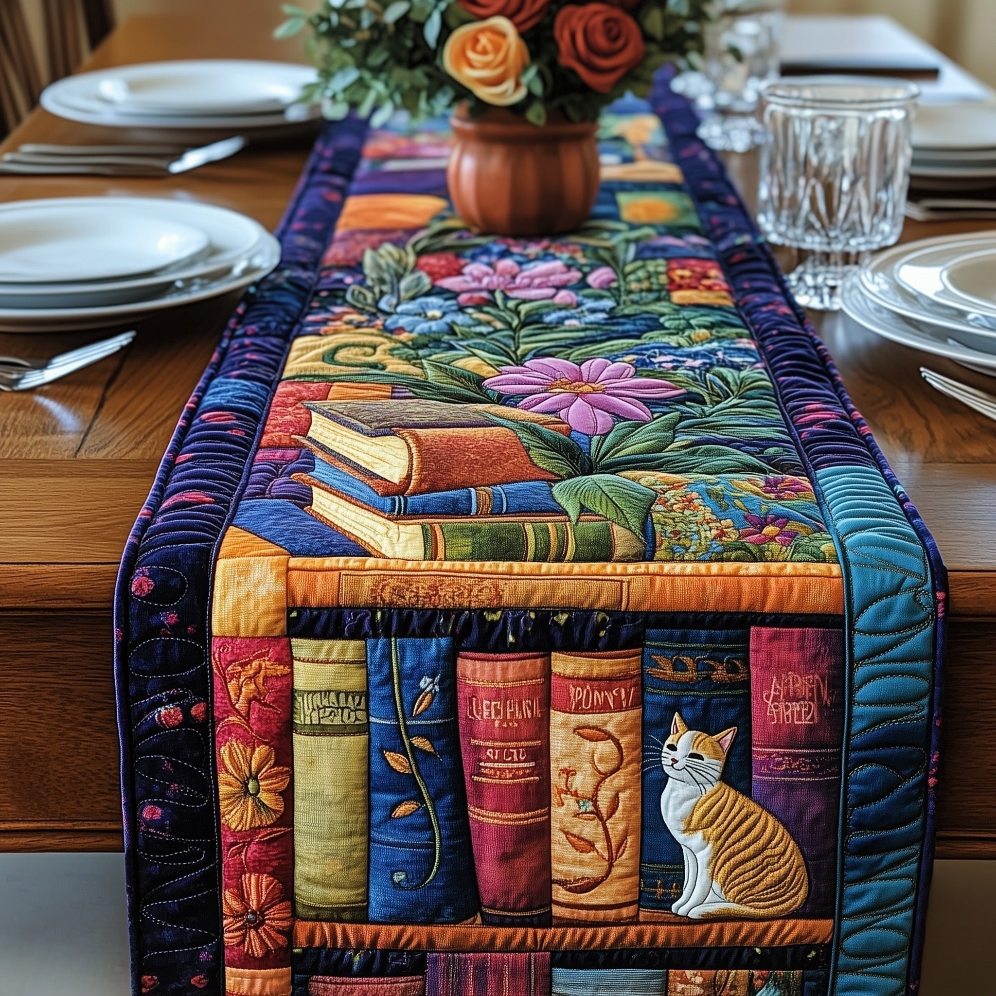 Cat Beside Books and Flowers Table Runner