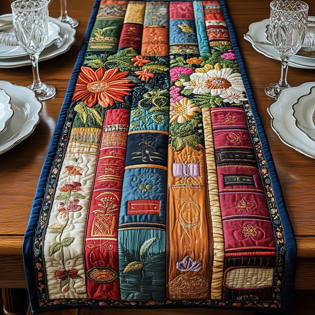 Book Spines with Orange Blooms Table Runner