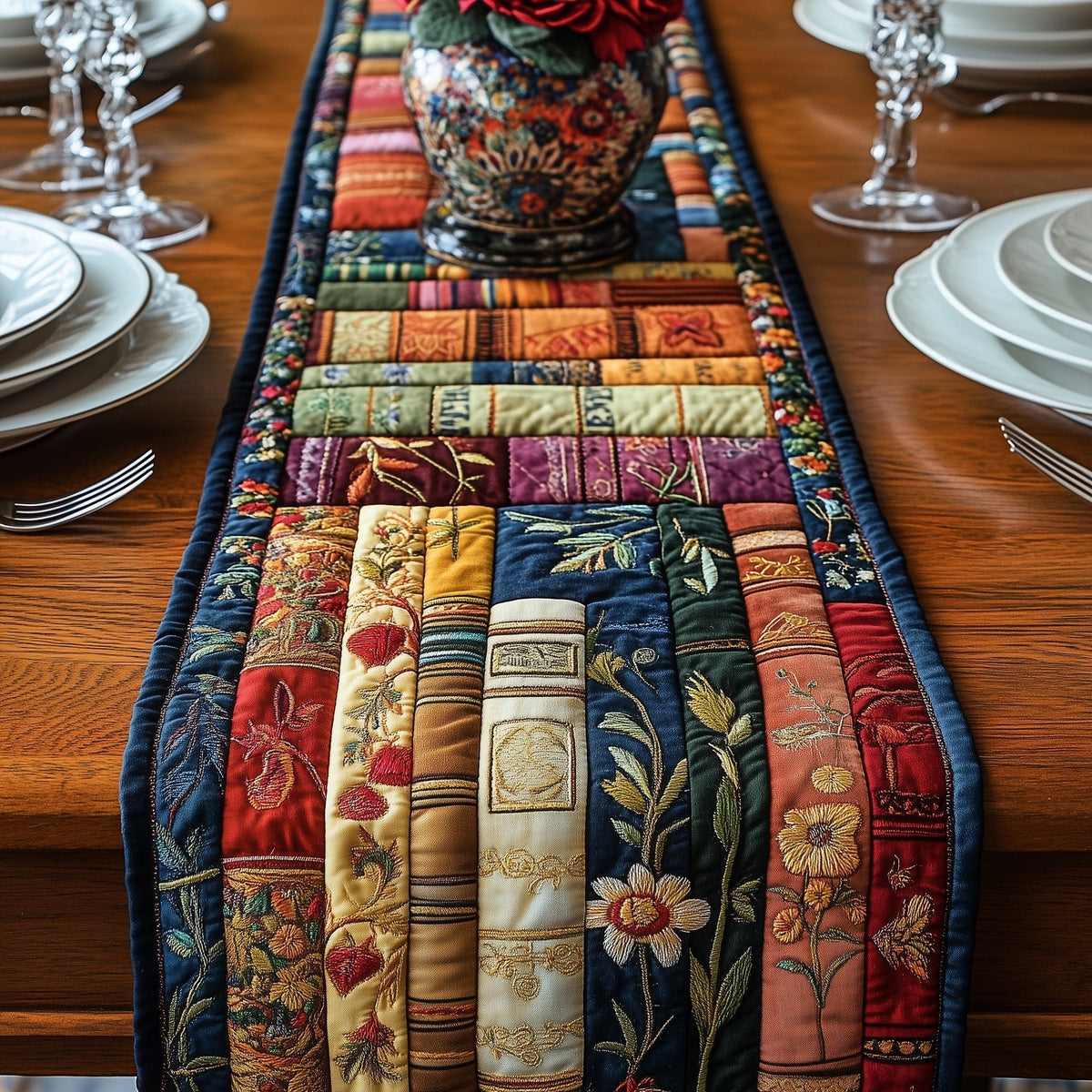 Book Rows with Leafy Sprigs Table Runner