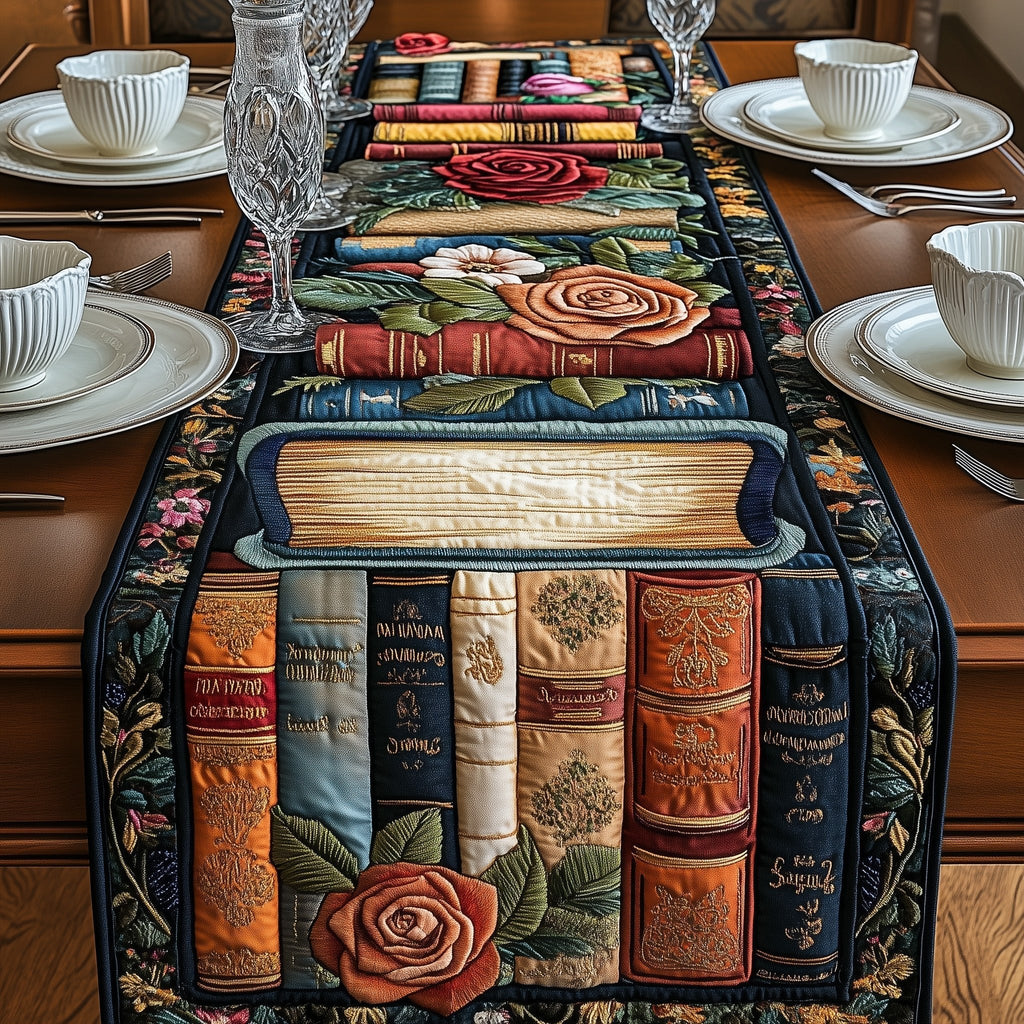 Stacked Books with Cream Rose Table Runner
