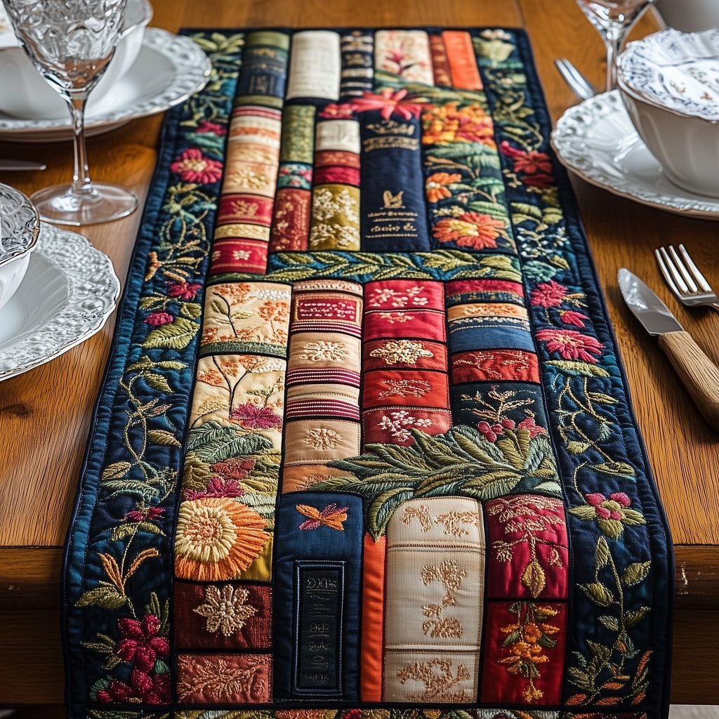 Library Books with Wildflowers Table Runner