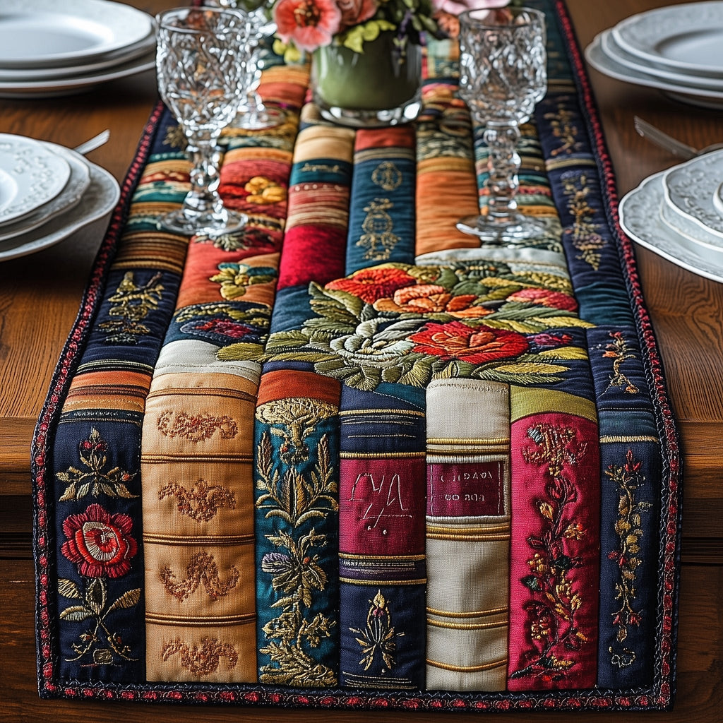 Book Spines with Red Poppies Table Runner