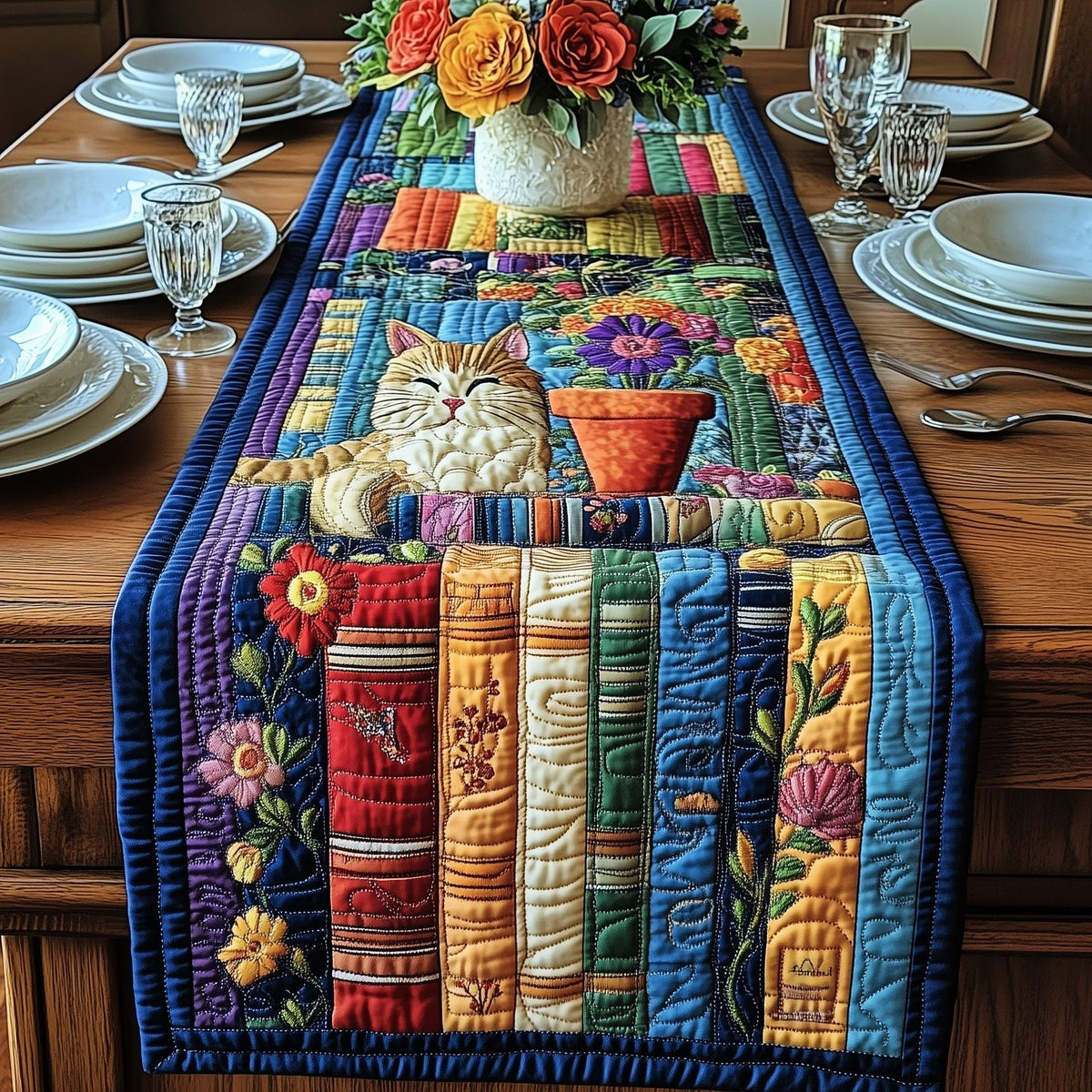 Sleeping Cat on Book Row Table Runner
