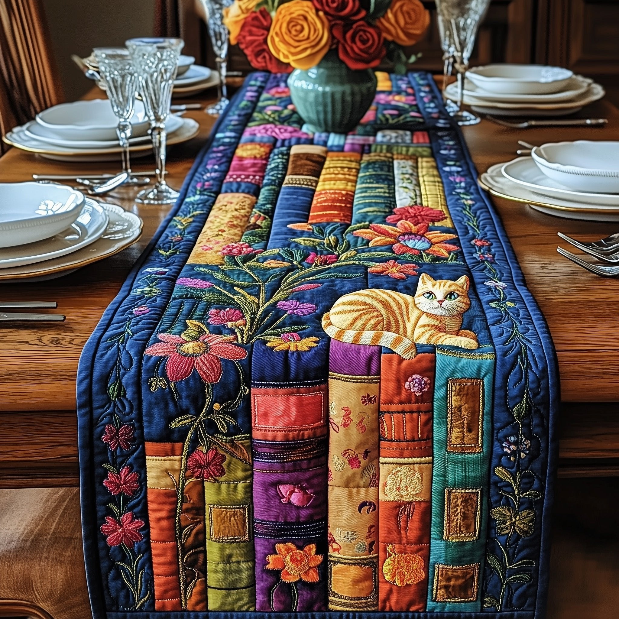 Orange Cat Napping on Books Table Runner