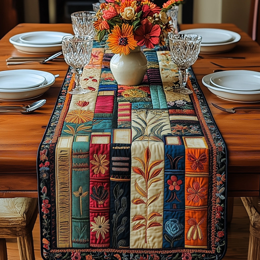 Cream and Blue Book Spines Table Runner