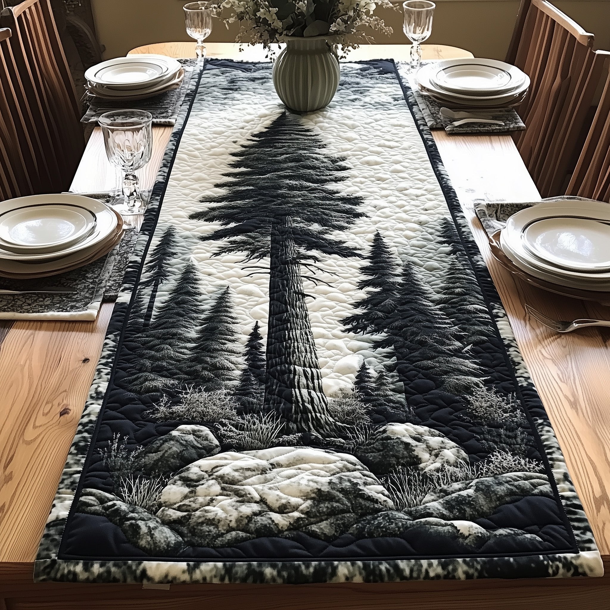 Tall Pine Above Mossy Boulders Table Runner