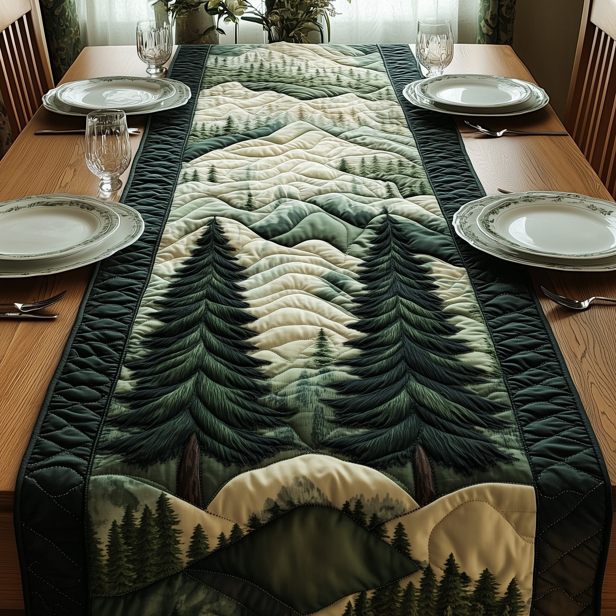 Green Pine Forest on Rolling Hills Table Runner