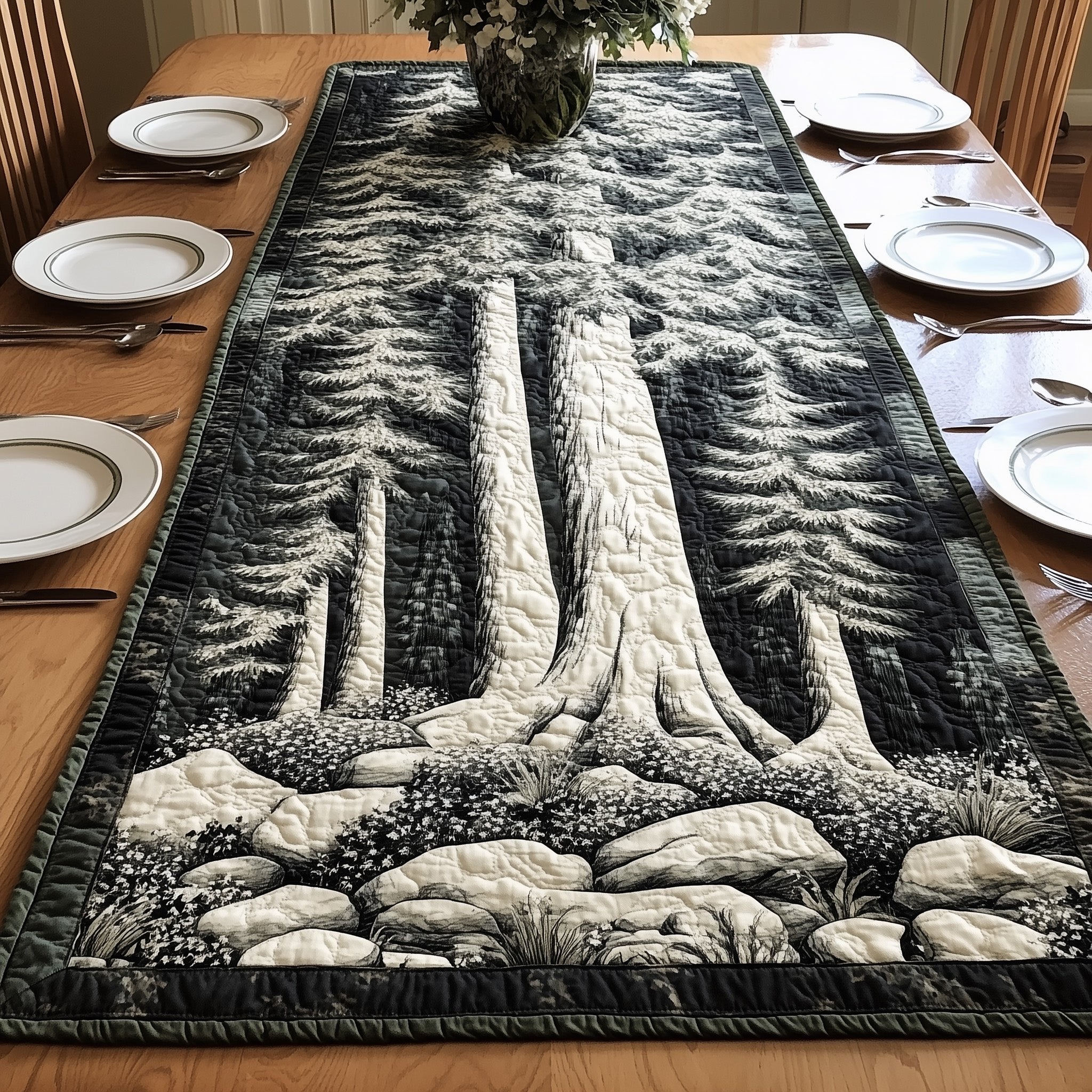 Two Massive Tree Trunks in Grey Table Runner