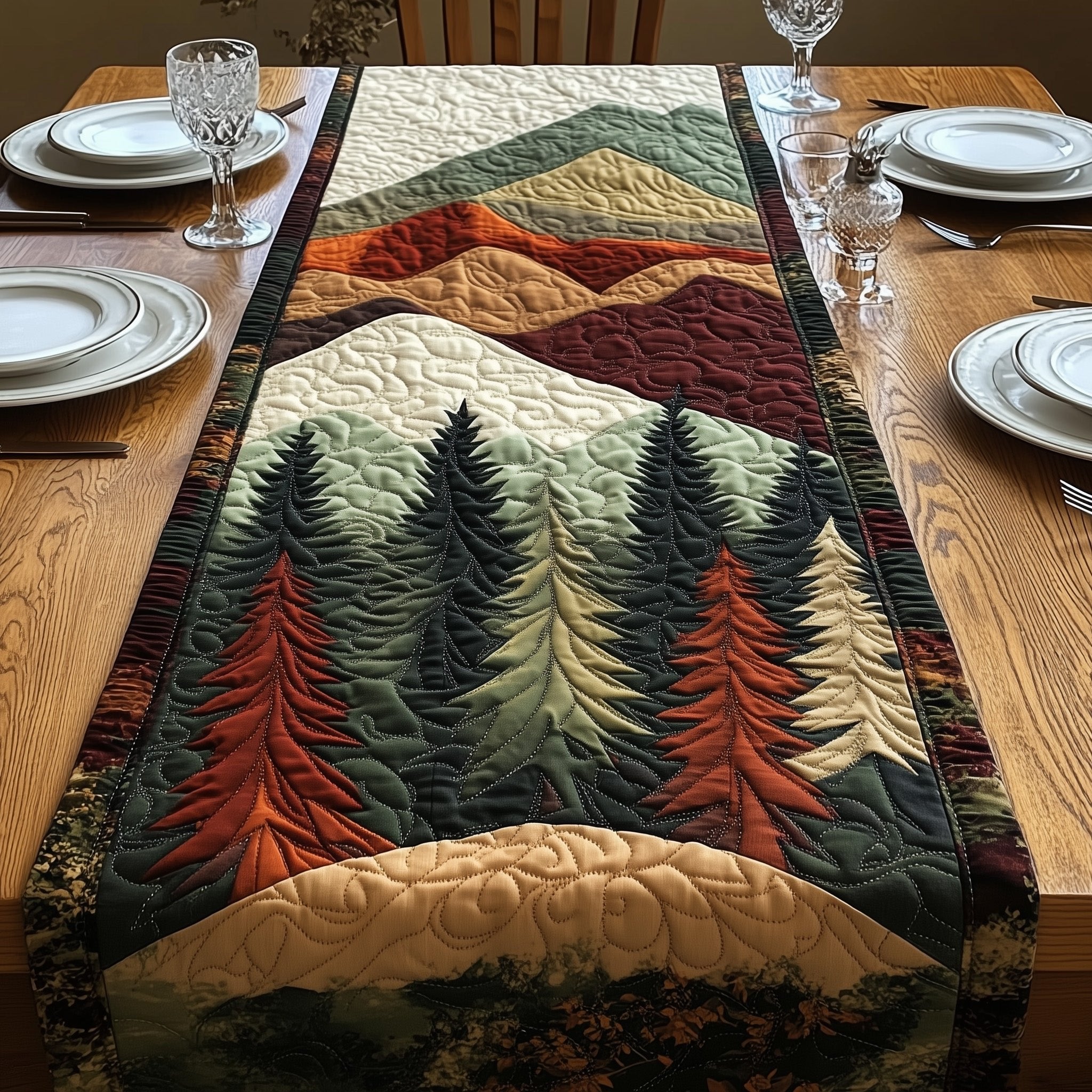 Autumn Pines in Red and Orange Table Runner