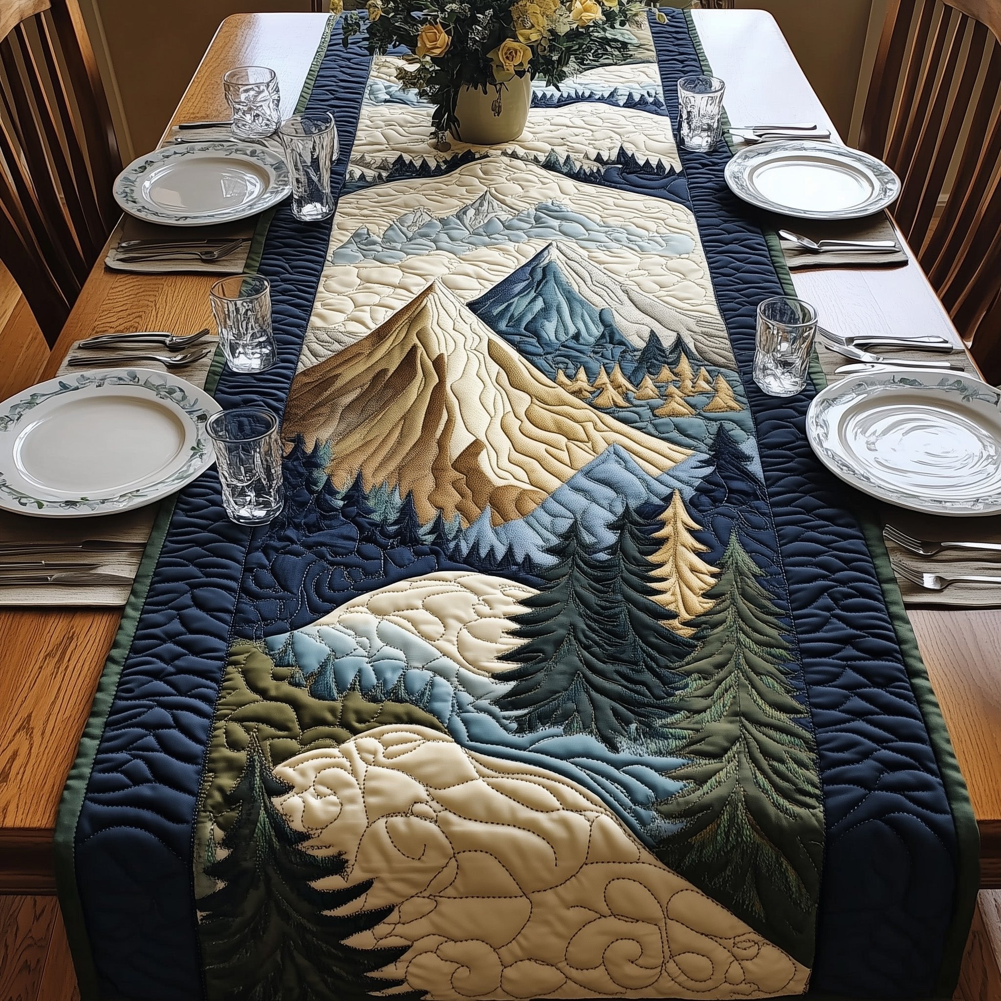 Snowy Peak Above Pine Woods Table Runner